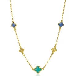 ZINZI gold plated zilveren schakel ketting met twee donkerblauwe klavers en een grotere groene klaver 40-45cm ZIC2583
