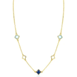 ZINZI gold plated zilveren schakelketting met twee licht blauwe klavers en een saffier blauwe klaver 40-45cm ZIC2906