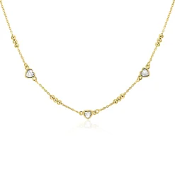 ZINZI gold plated zilveren schakelketting met trio-bolletjes en drie hartvormige witte zirkonia's 40-45cm ZIC2679