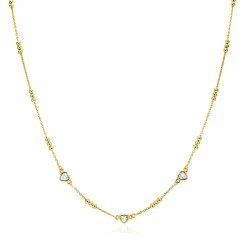 ZINZI gold plated zilveren schakelketting met trio-bolletjes en drie hartvormige witte zirkonia's 40-45cm ZIC2679