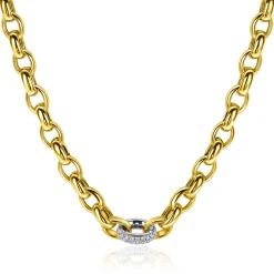 ZINZI gold plated zilveren schakel ketting met een ronde schakel bezet met witte zirkonia's 6mm breed 45cm ZIC2664
