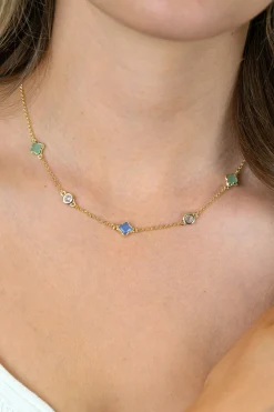 ZINZI gold plated zilveren schakelketting met twee mintgroene klavers en een blauwe klaver 40-45cm ZIC2763
