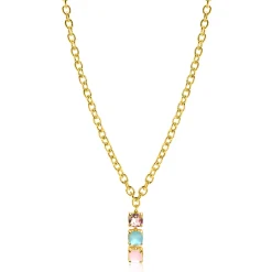 ZINZI gold plated zilveren schakel ketting 43-45cm met luxe hanger (30mm) van drie vierkante zettingen bezet met roze en turquoise kleurstenen ZIC2454