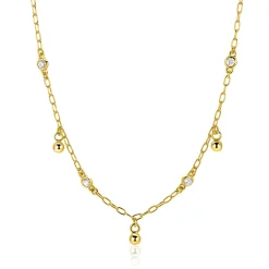 ZINZI gold plated zilveren schakelketting met vier witte zirkonia's en 3 ronde bolletjes, gelijkmatig verdeeld over de ketting 42-45cm ZIC2658