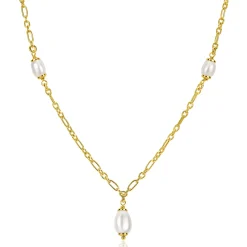 ZINZI gold plated zilveren schakelketting met drie ovale witte zoetwaterparels 40-45cm ZIC2588