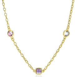 ZINZI gold plated zilveren schakelketting met ronde en vierkante zettingen pastel en paars 42-45cm ZIC2525G