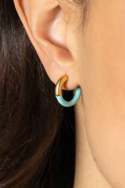 ZINZI gold plated zilveren trendy oorsieraden 16mm half emaille turquoise ZIO2315T