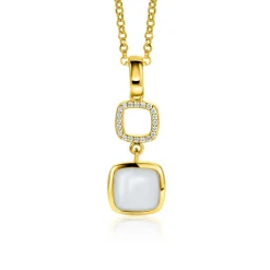 ZINZI gold plated zilveren tweezijdige hanger 30mm vierkant met witte onyx en mintgroene kleursteen ZIH2308 (zonder collier)