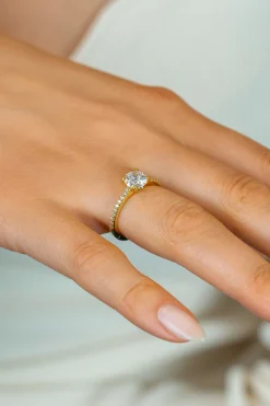 ZINZI gold plated zilveren verlovingsring met een grote ronde witte zirkonia (6,5mm) in vierpootszetting en klein hartje aan de zijkant ZIR2696Y