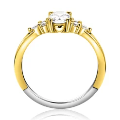 ZINZI gold plated zilveren verlovingsring met grote ovale witte zirkonia (7mm) en kleinere zirkonia's, met klein hartje aan de zijkant ZIR2698Y