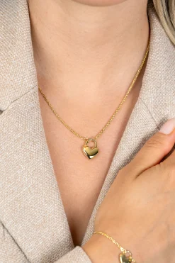 ZINZI gold plated zilvereren schakelketting met hartvormige slot hanger 18mm breed 42-45 cm ZIC2673G