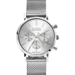 ZINZI horloge CHRONOGRAPH 34mm zilverkleurige wijzerplaat met datum en chronometers, stalen kast, stalen mesh band 18mm ZIW1502