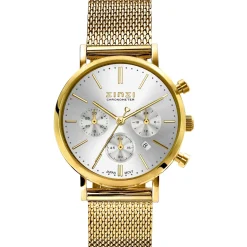 ZINZI horloge CHRONOGRAPH 34mm zilverkleurige wijzerplaat met datum en chronometers, geelgoudkleurige stalen kast, geelgoudkleurige stalen mesh band 18mm ZIW1533
