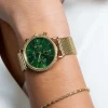 ZINZI horloge CHRONOGRAPH 36mm stopwatch groene wijzerplaat, geelgoudkleurige stalen kast met crystals, geelgoudkleurige stalen mesh band 18mm ZIW1635