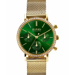 ZINZI horloge CHRONOGRAPH 36mm stopwatch groene wijzerplaat, geelgoudkleurige stalen kast met crystals, geelgoudkleurige stalen mesh band 18mm ZIW1635