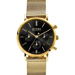 ZINZI horloge CHRONOGRAPH 34mm zwarte wijzerplaat met datum en chronometers, geelgoudkleurige stalen kast, geelgoudkleurige stalen mesh band 18mm ZIW1543