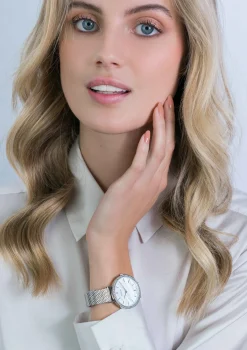 ZINZI horloge GRACE 34mm wit parelmoer wijzerplaat, rondom bezet met witte crystals,  stalen kast en band ziw1317