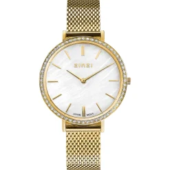 ZINZI horloge GRACE 34mm wit parelmoer wijzerplaat, rondom bezet met witte crystals,  goudkleurige stalen kast en band ziw1334