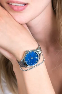 ZINZI horloge JULIA 34mm donkerblauwe parelmoer wijzerplaat romeinse cijfers stalen kast en band ZIW1146