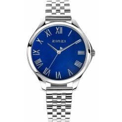 ZINZI horloge JULIA 34mm donkerblauwe parelmoer wijzerplaat romeinse cijfers stalen kast en band ZIW1146