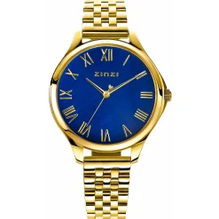 ZINZI horloge JULIA 34mm donkerblauwe parelmoer wijzerplaat romeinse cijfers goudkleurige stalen kast en band ziw1147