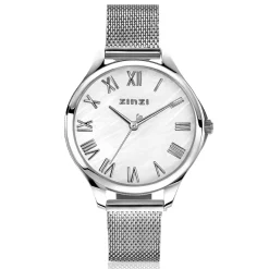 ZINZI horloge JULIA 34mm wit parelmoer wijzerplaat romeinse cijfers stalen kast en meshband ZIW1117M