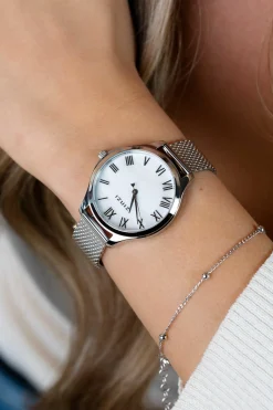ZINZI horloge JULIA 34mm wit parelmoer wijzerplaat romeinse cijfers stalen kast en meshband ZIW1117M