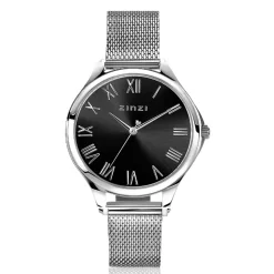 ZINZI horloge JULIA 34mm zwarte wijzerplaat romeinse cijfers stalen kast en meshband ZIW1101M