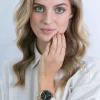 ZINZI horloge SOPHIE zwarte wijzerplaat met datum, goudkleurige kast 38mm, stalen mesh band 14mm ZIW1443