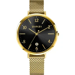 ZINZI horloge SOPHIE zwarte wijzerplaat met datum, goudkleurige kast 38mm, stalen mesh band 14mm ZIW1443