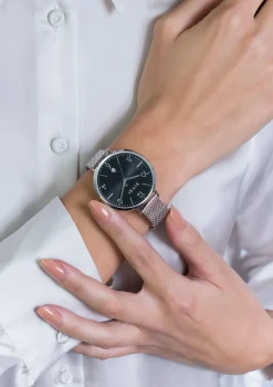 ZINZI horloge SOPHIE zwarte wijzerplaat met datum, stalen kast 38mm, stalen mesh band 14mm ZIW1401