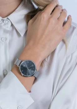 ZINZI horloge SOPHIE zwarte wijzerplaat met datum, stalen kast 38mm, stalen mesh band 14mm ZIW1401