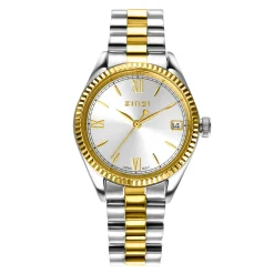 ZINZI Iconic horloge 30mm met datum, goudgekleurde gekartelde rand, zilverkleurige wijzerplaat en stalen bicolor schakelband ZIW2233