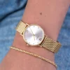 ZINZI Lady Crystal horloge zilvergekleurde wijzerplaat, geelgoudkleurige kast en stalen mesh band, witte crystals bij uuraanduiding, 28mm extra dun ZIW633M