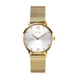 ZINZI Lady Crystal horloge zilvergekleurde wijzerplaat, geelgoudkleurige kast en stalen mesh band, witte crystals bij uuraanduiding, 28mm extra dun ZIW633M