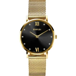 ZINZI Lady Crystal horloge zwarte wijzerplaat, geelgoudkleurige kast en stalen mesh band, witte crystals bij uuraanduiding, 28mm ZIW643M