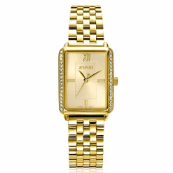 ZINZI Lucia horloge 28mm rechthoekige kast, bezet met witte zirkonia's en goudkleurige wijzerplaat, stalen schakelband ZIW2310