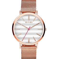 ZINZI Retro horloge grijs-wit gestreepte wijzerplaat roségoudkleurige kast stalen mesh band roségoudkleurig 38mm extra dun ZIW420M