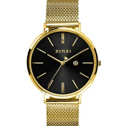 ZINZI Retro horloge 38mm zwarte wijzerplaat en geelgoudkleurige stalen kast stalen mesh band geelgoudkleurig extra dun ZIW443M