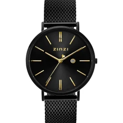 ZINZI Retro horloge 38mm zwarte wijzerplaat, goudkleurige wijzers, zwarte stalen kast, zwarte stalen mesh band extra dun ZIW449M