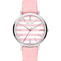 Zinzi Retro horloge roze-wit gestreepte wijzerplaat zilvergekleurde kast roze leren band 38mm extra dun ZIW419R