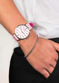 Zinzi Retro horloge roze-wit gestreepte wijzerplaat zilvergekleurde kast roze leren band 38mm extra dun ZIW419R
