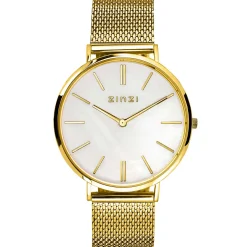 ZINZI Retro horloge witte parelmoer wijzerplaat en geelgoudkleurige stalen kast stalen mesh band geelgoudkleurig 38mm extra dun ZIW448M