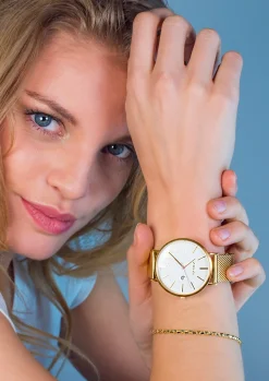 ZINZI Retro horloge witte wijzerplaat en geelgoudkleurige stalen kast stalen mesh band geelgoudkleurig 38mm extra dun ZIW407M
