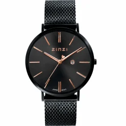 ZINZI Retro horloge zwarte wijzerplaat en zwarte stalen kast zwarte stalen mesh band 38mm extra dun ZIW409M