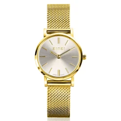 ZINZI Retro Mini horloge zilvergekleurde wijzerplaat, geelgoudkleurige kast en stalen mesh band, 24mm extra dun ZIW1833