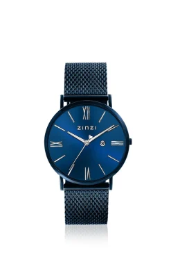 ZINZI Roman horloge blauwgekleurde wijzerplaat en kast met zilverkleurige wijzers blauwe stalen mesh band 34mm extra dun ZIW551M