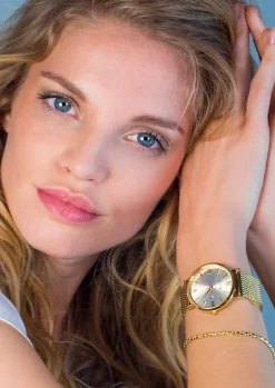 ZINZI Roman horloge goudkleurige wijzerplaat stalen kast geelgoudkleurig stalen mesh band geelgoudkleurig 34mm extra dun ZIW510M