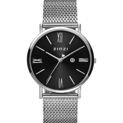 ZINZI Roman horloge 34mm zwarte sunray wijzerplaat en kast stalen mesh band extra dun ZIW501M