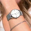 ZINZI Roman horloge witte parelmoer wijzerplaat, witte zirconia's bij uuraanduiding, stalen mesh band 34mm extra dun ZIW521M